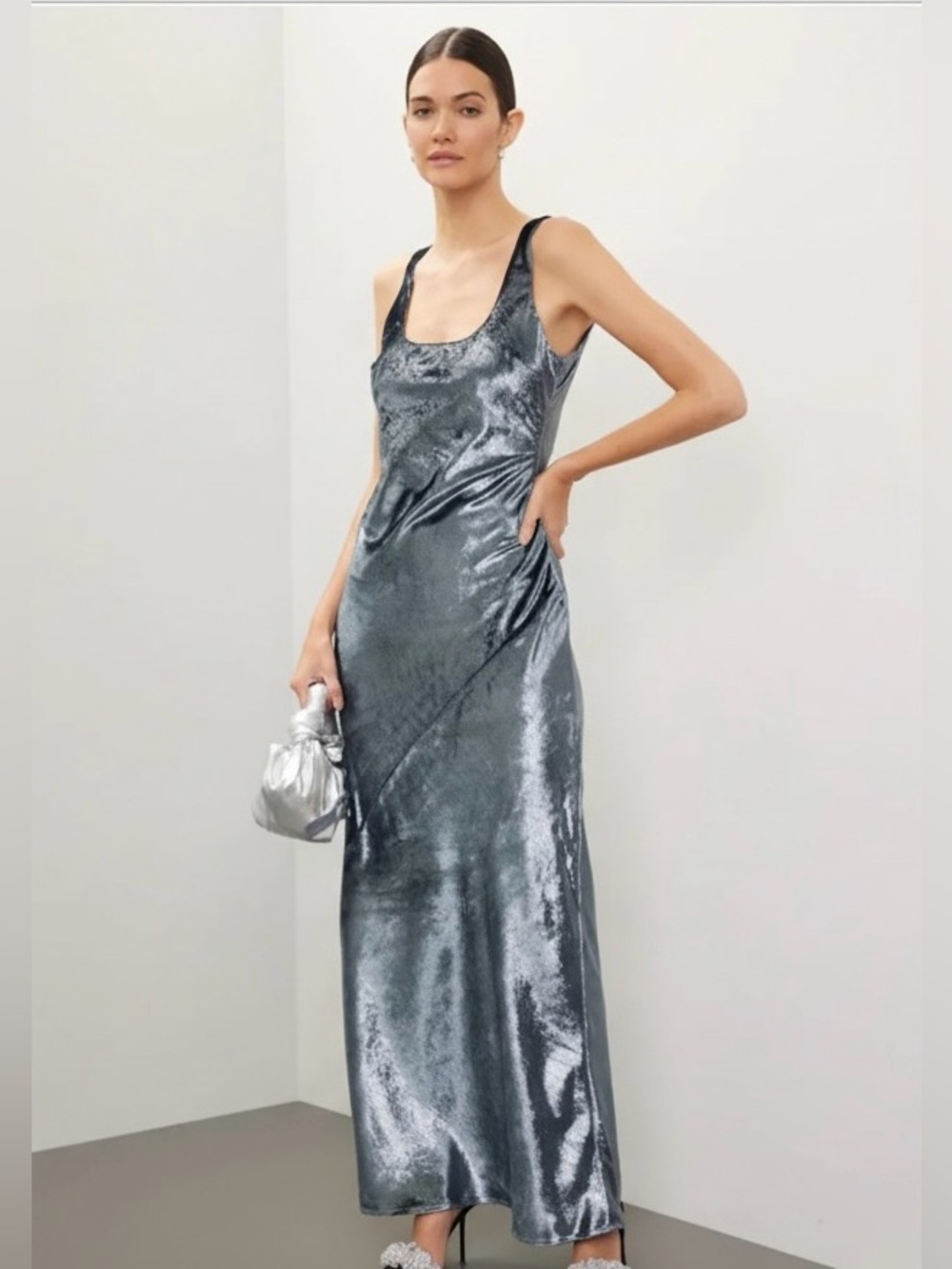 Anthropologie Line + Dot Beaming Silver Metallic Maxi Slip Dress Size 3X